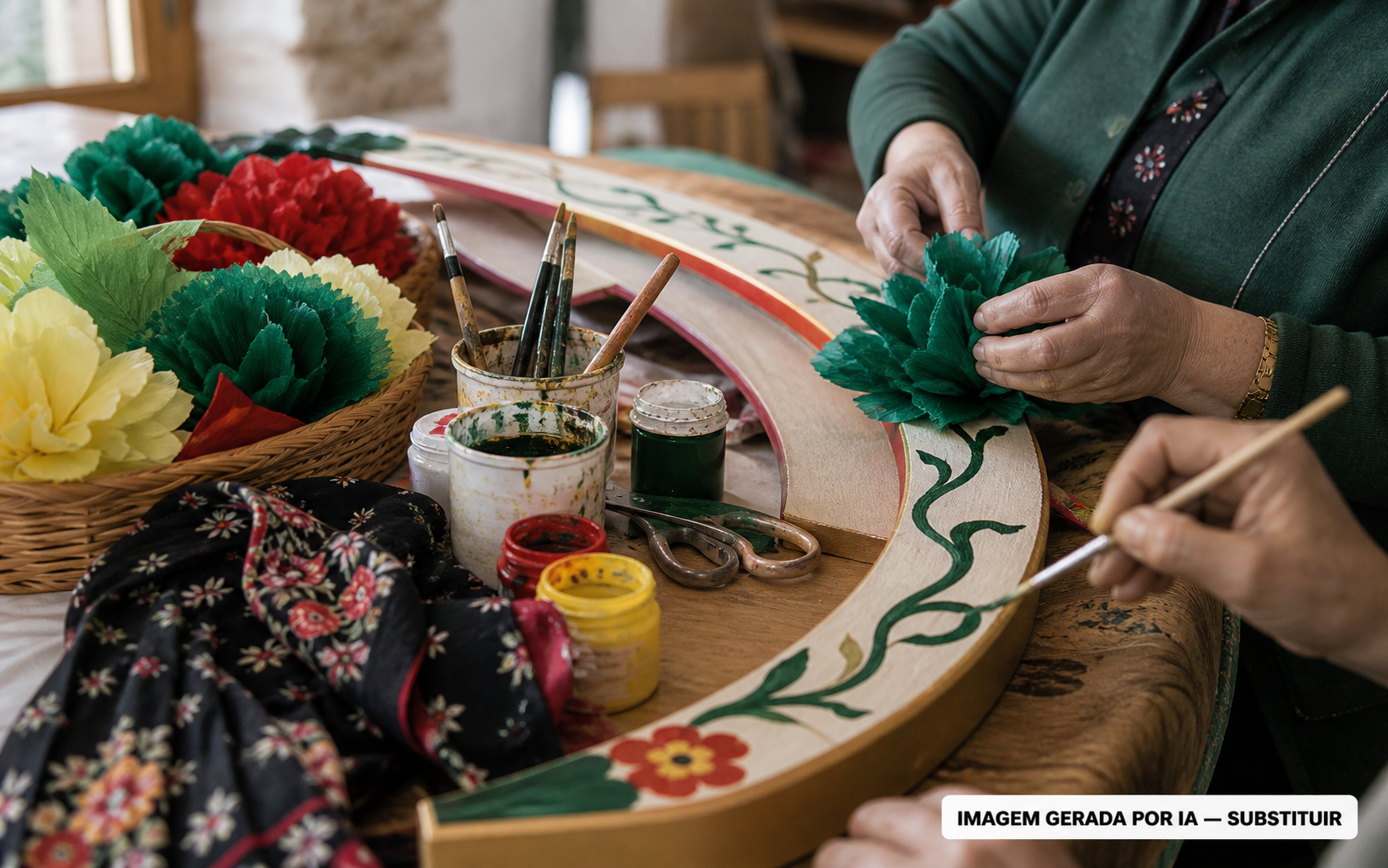 Imagem temporária do trabalho artesanal de preparação das Marchas Populares